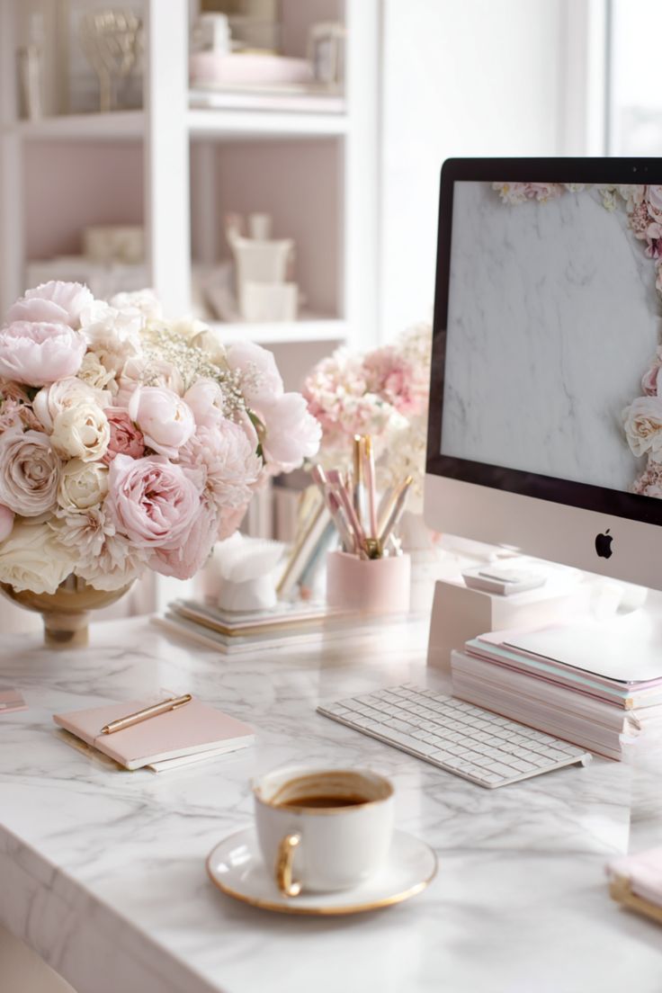 Bureau lumineux avec ordinateur, fleurs et tasse dans une ambiance douce et rassurante