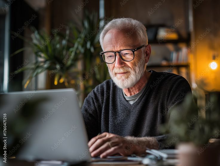 Senior utilisant sereinement son ordinateur pour ses démarches retraite